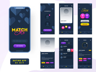 Dating app ui kit for responsive mobile app or website with different gui layout including user category, details, place and user profile type screens. - obrazy, fototapety, plakaty
