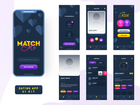 Dating App Ui Kit For Responsive Mobile App Or Website With Different Gui Layout Including User Category, Details, Place And User Profile Type Screens.