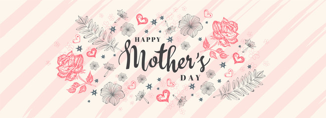 Beautiful rose flowers and leaves decorated on stripe background with stylish lettering of Mother's Day. Header or banner design.