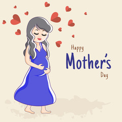 Beautiful character of pregnant lady with illustration of heart shapes for Happy Mother's Day greeting card design.