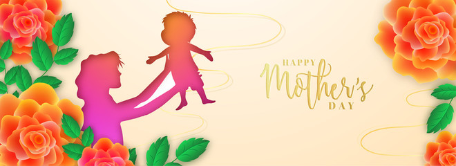 Obraz na płótnie Canvas Beautiful rose flowers decorated header or banner design with paper cut illustration of mother holding her infant for Happy Mother's Day celebration.
