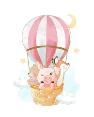 tekenfilm dieren op hete luchtballon illustratie