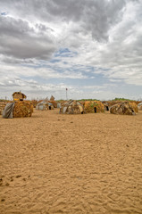 Ethiopia omo valley tribes. Scrap houses of metal cha and branches of dried bushes of the tribes of the valley of the Omo border with Chad. Travel and adventure concept