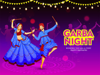Wishing You All A Very Happy Navratri festival card or poster design, illustration of couple dancing with dandiya stick for Garba Night party celebration.