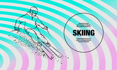 Skier on a mountain slope with snow spray. Vector outline of skiing sport illustration.