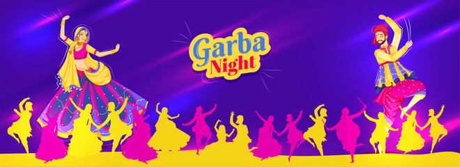Advertisng Garba Night party header or banner design with illustration of couple dancing on glossy purple lighting background.