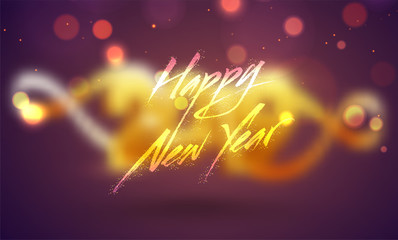 Creative text Happy New Year on purple bokeh background can be used as greeting card design.