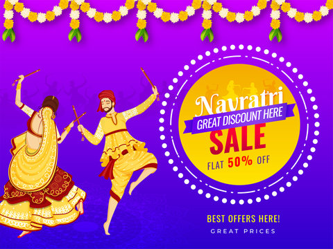 Sale banner or poster design with 50% discount offer and illustration of couple playing Dandiya on the occasion of Navratri Festival.