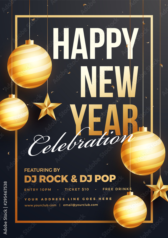 Canvas Prints Happy New Year Celebration template or flyer design decorated with glowing hanging baubles and stars.