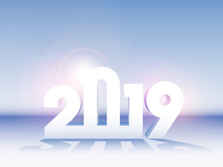 3D text 2019 on glossy blue background for New Year celebration.