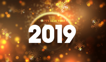 Happy New Year 2019 text on bokeh blurred background. Can be used as greeting card design.