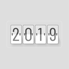 Digital clock with lettering of 2019 on grey background for New Year celebration concept.