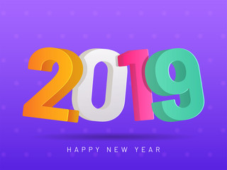 Colorful text 2019 on glossy purple background for New Year celebration concept.