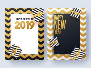 Set of Happy New Year greeting card design with gift boxes on geometric abstract background.