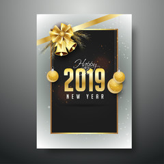 2019 greeting card design decorated with golden ribbon and hanging baubles for Happy New Year celebration concept.