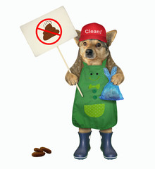 The dog cleaner in a green apron and blue rubber boots is holding a plastic bag with dog's poop and...