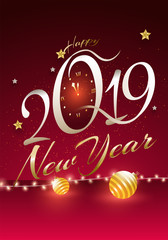 Stylish text 2019 with wall clock on glossy red background. Happy New Year greeting card design.