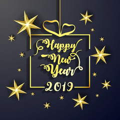 Happy New Year greeting card design decorated with golden stars on black background.