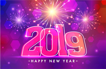 Shiny poster or greeting card design with pink text 2019 on geometric abstract background.