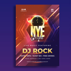 Party celebration invitation or template design with time and venue details for NYE (New Year Eve).