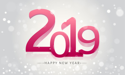 Glossy pink text 2019 on gray  glittering background, poster or banner design for Happy New Year.