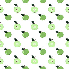 seamless pattern-green apples and Apple halves on white background