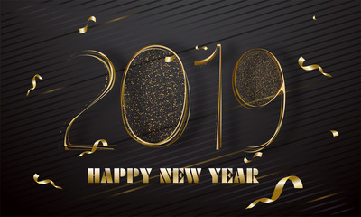 2019 text with glitter effect on black stripe background, poster or banner design for Happy New Year celebration.