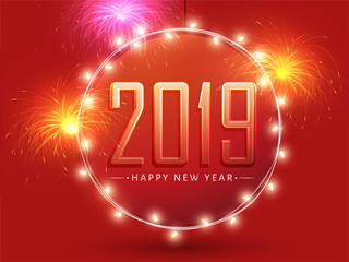 Lighting garland frame with text 2019 and fireworks on glossy red background for New Year celebration. Can be used as poster or banner design.