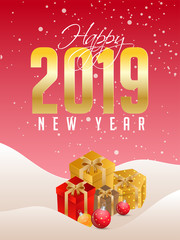 Happy New Year celebration concept, Golden text 2019 with gift boxes and baubles on glossy red background.