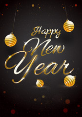Shiny golden lettering of Happy New Year with baubles on black background for 2019 celebration greeting card design.