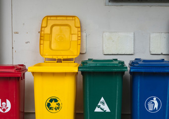 Garbage Trash Bins for collecting a recycle materials. Garbage trash bins for waste segregation. Separate waste collection food waste, plastic, paper and danger waste. Recycling. Environment.