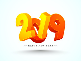 3D text 2019 in yellow and orange color on glossy background for Happy New year greeting card design.