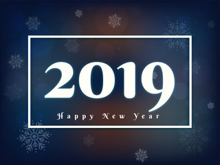 Glowing white text 2019 glossy background decorated with snowflakes for Happy New Year celebration greeting card design.
