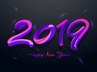 Glossy purple text 2019 on black background New Year celebration  poster or greeting card design.