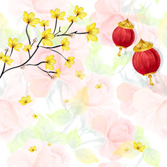 Floral seamless pattern background with red chinese lantern and flower branch. Can be used as greeting card design.