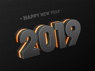 New Year celebration concept, Poster or template design with 3d text 2019 on black grid background.