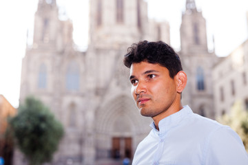 man posing in gothic quarter of Barcelona