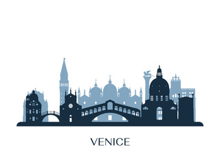 Venice skyline, monochrome silhouette. Vector illustration.