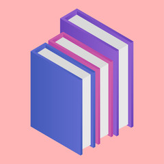 3D book stack on pink background.