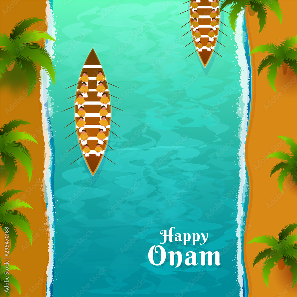 Canvas Prints top view illustration of snake boat racing (vallamkali) on tropical beach landscape for onam festiva