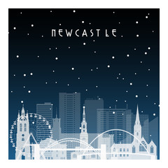 Naklejka premium Winter night in Newcastle. Night city in flat style for banner, poster, illustration, background.