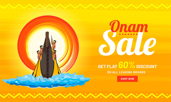Onam festival sale with 60% discount offer and illustration of people participating snake boat racing (Vallamkali) on shiny orange background for advertisement concept.