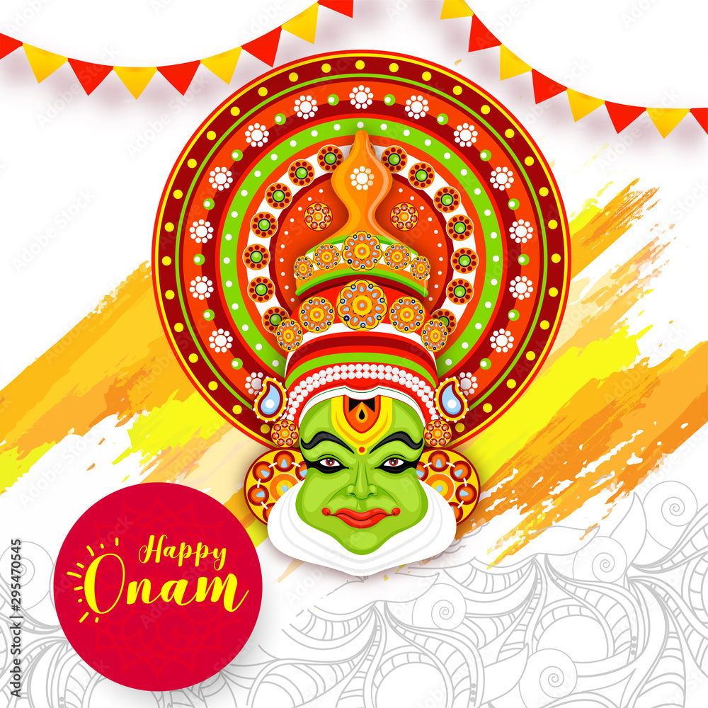 Canvas Prints happy onam festival card or poster design with illustration of kathakali dancer face on brush stroke