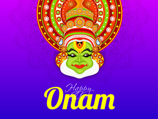 Illustration of Kathakali dancer face on purple floral background for Happy Onam celebration greeting card design.