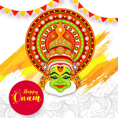 Happy Onam festival card or poster design with illustration of Kathakali dancer face on brush stroke effect floral background.