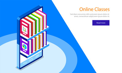 Multiple books on smartphone screen isometric illustration on blue and background. Responsive web template design for Online classes.