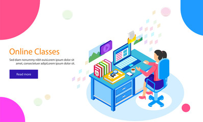 Girl preparing through online classes Isometric illustration on white abstract background, responsive web template for E- Learning concept.