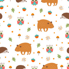 autumn forest seamless pattern with cute animals
