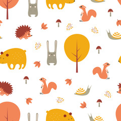 autumn forest seamless pattern with cute animals