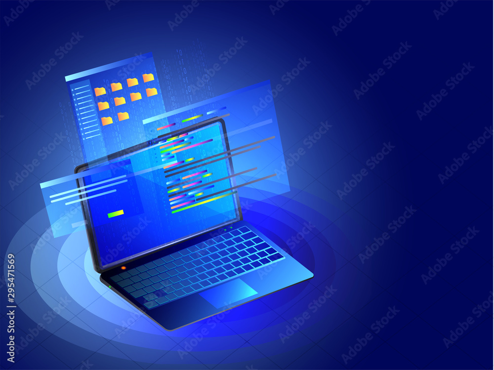 Wall mural isometric laptop with multiple screens on shiny blue abstract background with space for your text.